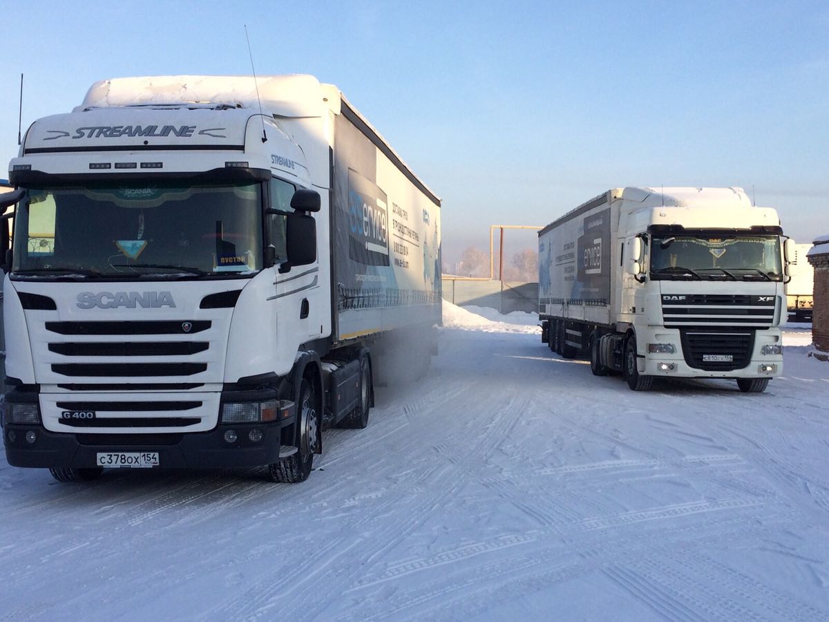 Грузоперевозки Москва 20 тонн 2 фуры даф и скания на снегу